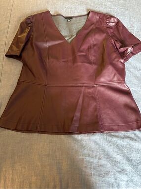 Ann Taylor Burgundy Faux Leather V-Neck Peplum Blouse